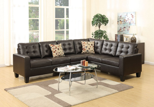 4-Pcs MODULAR SECTIONAL SOFA SET W/ ARMSLESS CHAIR & 2 ACCENT PILLOWS UPHOLSTERED IN ESPRESSO LEATHER