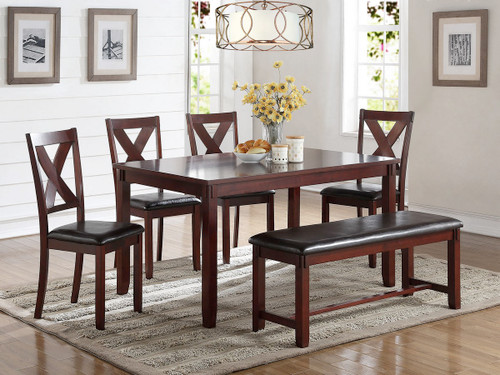 6 PCS CHERRY FINISH WOOD DINING TABLE SET WITH PADDED SEAT CHAIRS AND BENCH