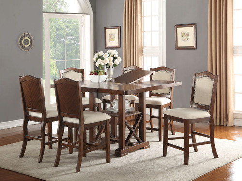 SET OF 5 DARK CHERRY FINISH WOOD COUNTER HEIGHT DINING TABLE WITH PADDED SEATS