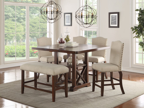 SET OF 5 COUNTER HEIGHT DINING TABLE IN DARK CHERRY FINISH WOOD WITH PADDED SEATS