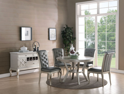 5 PIECE FORMAL ROUND DINING TABLE SET IN ANTIQUE SILVER FINISH