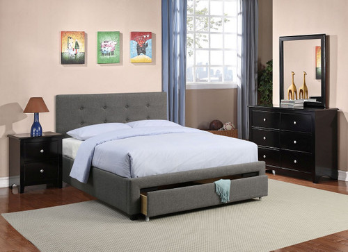 BEDROOM PLATFORM WITH UNDERDRAWER UPLHOLSTERED IN SLATE LINEN