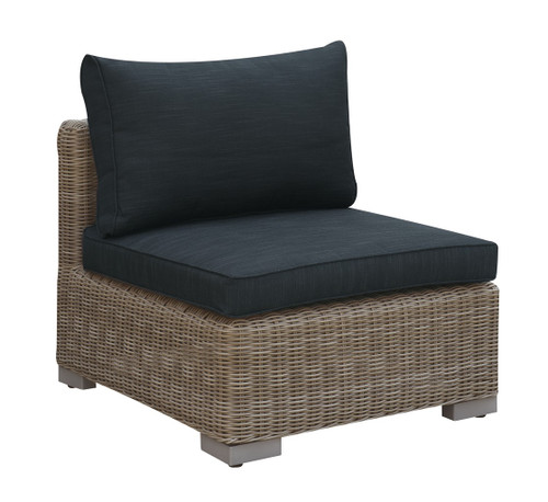 OUTDOOR ARMLESS CHAIR TAN RESIN WICKER FINISH WITH BLACK SEAT AND BACK CUSHIONS
