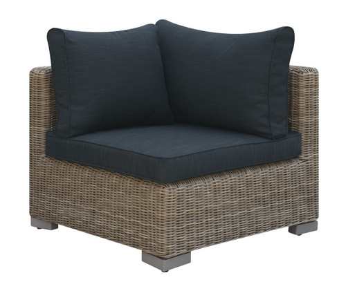 OUTDOOR CORNER WEDGE TAN RESIN WICKER FINISH WITH BLACK SEAT AND BACK CUSHIONS