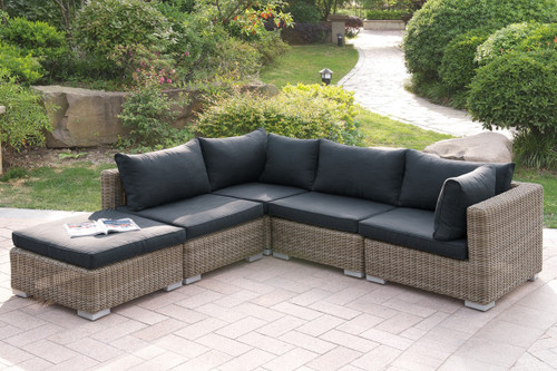 VERSATILE 5PC OUTDOOR PATIO SOFA SET WITH OTTOMAN IN TAN RESIN WICKER FINISH AND BLACK SEAT CUSHIONS