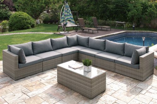 8PC OUTDOOR PATIO SOFA SET IN TAN RESIN WICKER FINISH AND GREY SEAT CUSHIONS