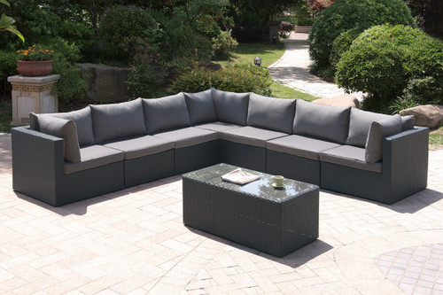 8PC OUTDOOR PATIO SOFA SET IN DARK BROWN RESIN WICKER AND GREY SEAT CUSHIONS