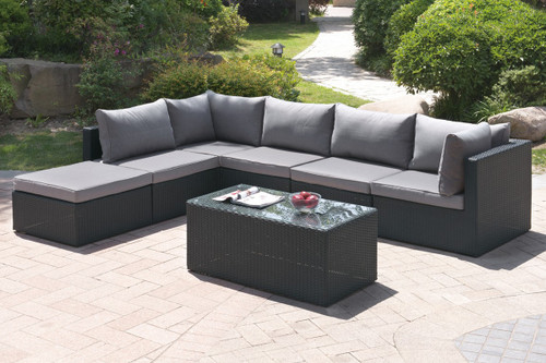 7PC OUTDOOR PATIO SOFA SET IN DARK BROWN RESIN WICKER AND GREY SEAT CUSHIONS WITH OTTOMAN