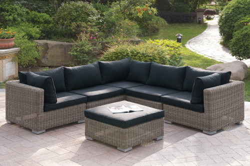 6PC OUTDOOR PATIO SOFA SET IN TAN RESIN WICKER FINISH AND BLACK SEAT CUSHIONS WITH OTTOMAN
