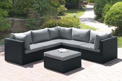 6PC OUTDOOR PATIO SOFA SET IN DARK BROWN RESIN WICKER FINISH AND GREY SEAT CUSHIONS