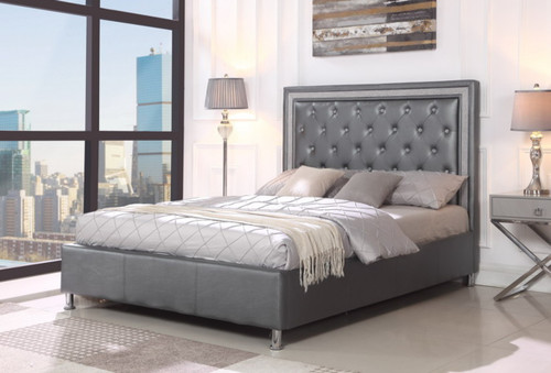 Miccaela Grey Leather Tufted Platform Bed (No Boxspring Required)