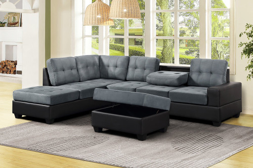 3 PCS HEIGHTS THICK FABRIC & BONDED LEATHER SECTIONAL WITH DROP DOWN CUP HOLDER WITH OTTOMAN IN GRAY