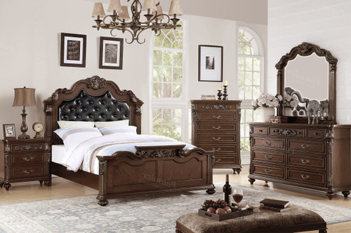 QUEEN BED DARK BROWN LEATHER-F9386
