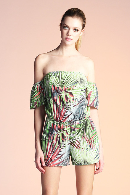 Green Multi Palm leaf Print Off Shoulder Romper Green Multi Palm leaf Print Off Shoulder Romper