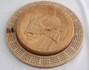 4 Player Cribbage Board Leaping Bass Mahogany and Curly Maple
