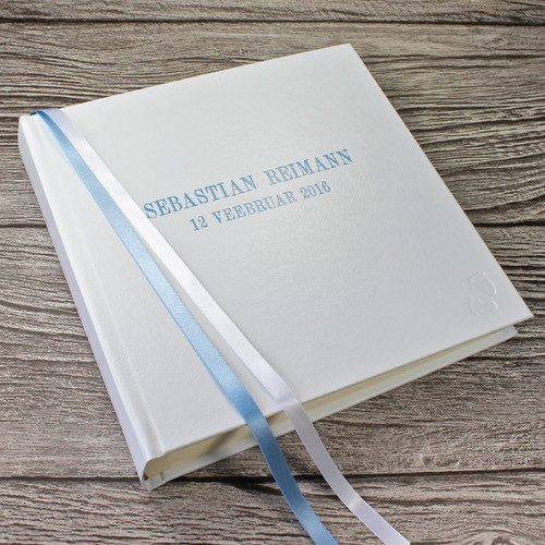 White Leather Baby Boy Memory Record Book - Blue & White