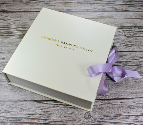 Ivory Leather Baby Girl Keepsake Memory Box - Lilac Ribbon Tie