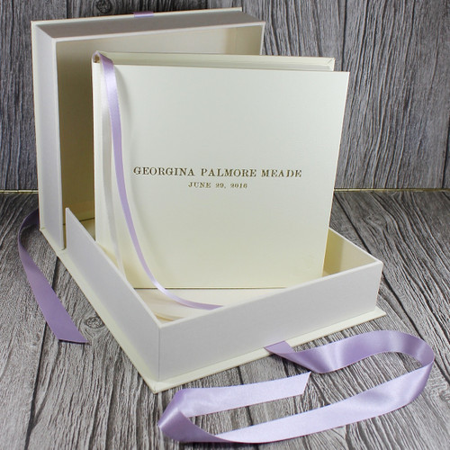 Ivory Leather Baby Girl Keepsake Memory Box - Lilac Ribbon Tie