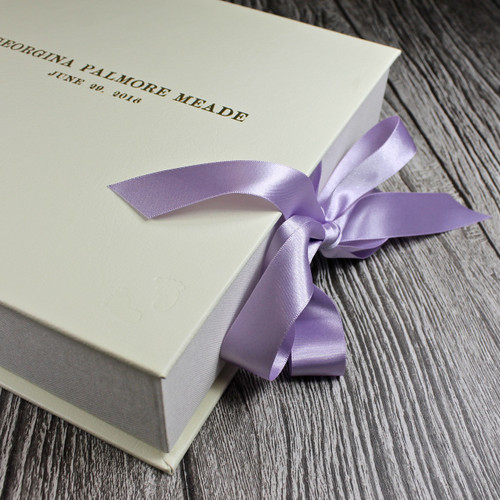 Ivory Leather Baby Girl Keepsake Memory Box - Lilac Ribbon Tie