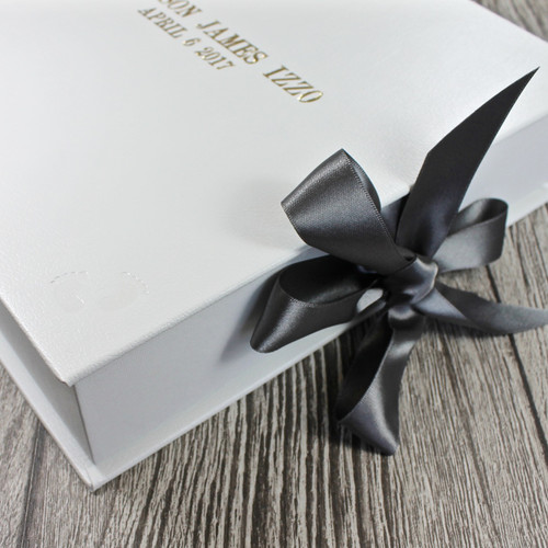 White Leather Baby Boy Keepsake Memory Box - Grey Ribbon Tie