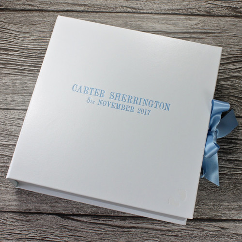 White Leather Baby Boy Keepsake Memory Box - Blue Ribbon Tie