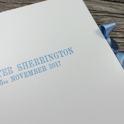 White Leather Baby Boy Keepsake Memory Box - Blue Ribbon Tie