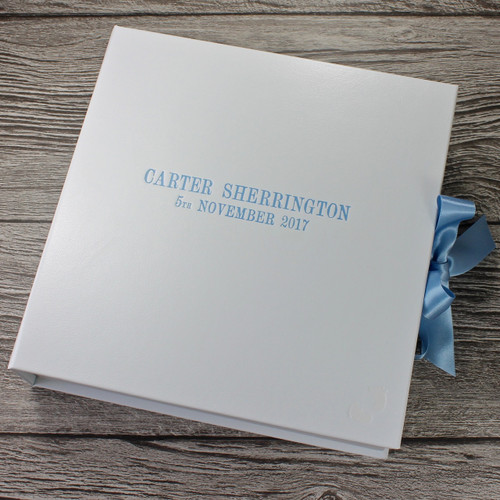 White Leather Baby Boy Keepsake Memory Box - Blue Ribbon Tie