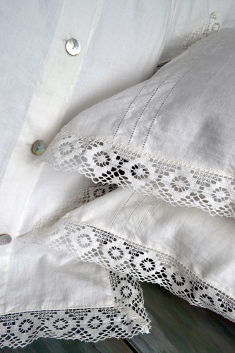 Antique white natural linen quilt cover with lace, Provincial Living