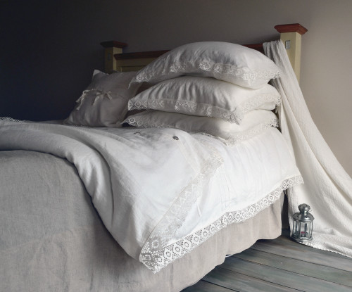 Antique white natural linen quilt cover with lace, Provincial Living