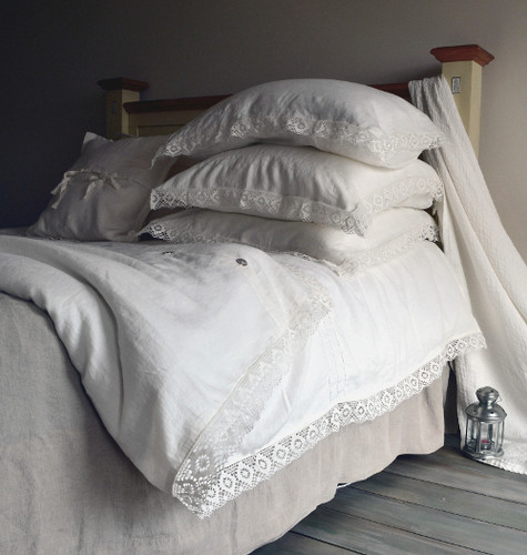 Antique white natural linen quilt cover with lace, Provincial Living