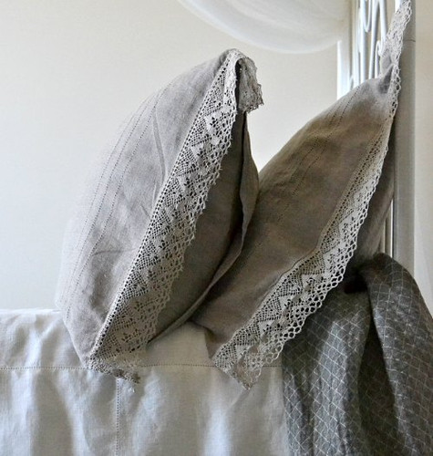 Provincial Living, natural softened linen pillow case with lace, Natural