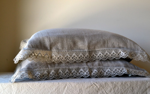 Provincial Living, natural softened linen pillow case with lace, Natural