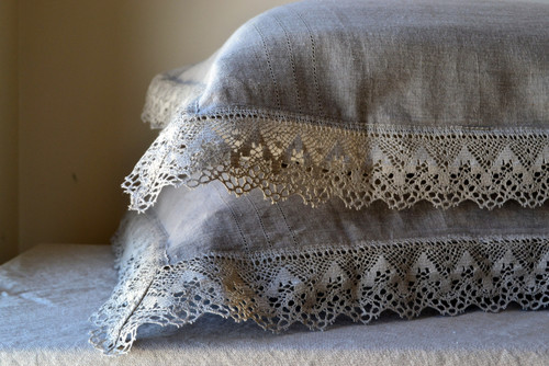 Provincial Living, natural softened linen pillow case with lace, Natural