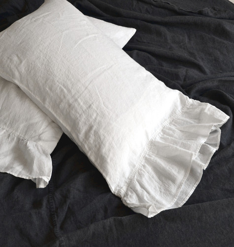 Antique white linen pillow case with ruffle