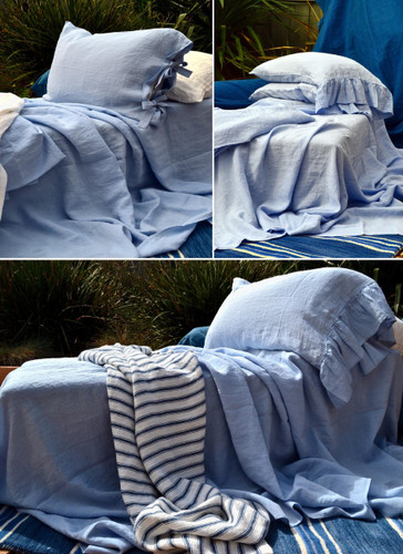 Luxurious stonewashed linen fitted sheet, Sky blue