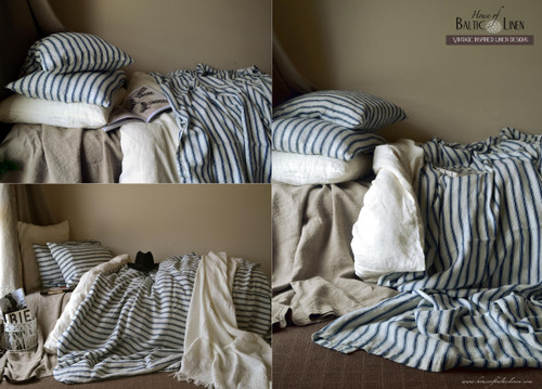 Vintage Classic. Antique French Ticking Stonewashed Linen Quilt cover