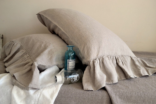 Natural linen pillow case with ruffle