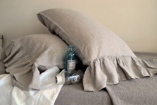 Natural linen pillow case with ruffle