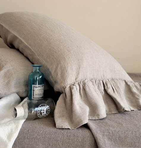 Natural linen pillow case with ruffle
