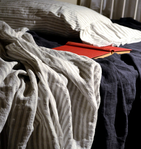 Pinstriped Linen Flat sheet, Queen and King sizes