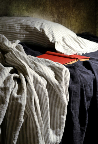 Striped linen pillow case with ruffle