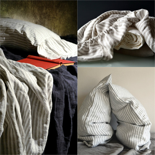 Grey and White Pinstriped linen fitted sheet