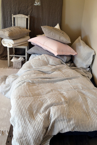 Grey and White Pinstriped linen duvet cover