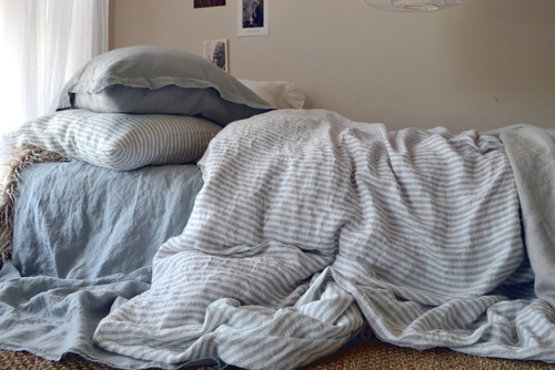 Grey and White Pinstriped linen duvet cover