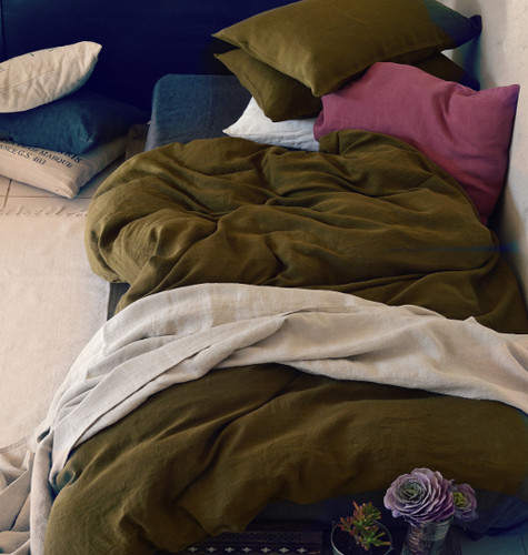 Dark Olive Green natural stonewashed linen bedding