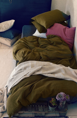 Dark Olive Green natural stonewashed linen bedding
