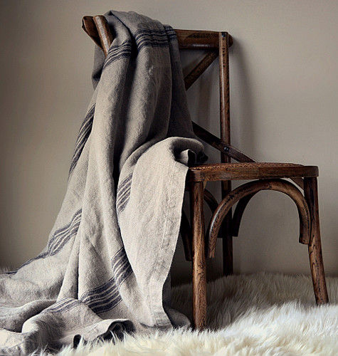 Vintage Grainsack Heavy Linen Coverlet⎮Bed cover, Black stripe