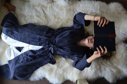 Midnight Blue Stonewashed Linen Bath/Spa Robe