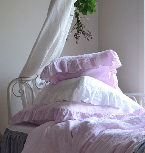 Dusty Pink linen pillow case with ruffle