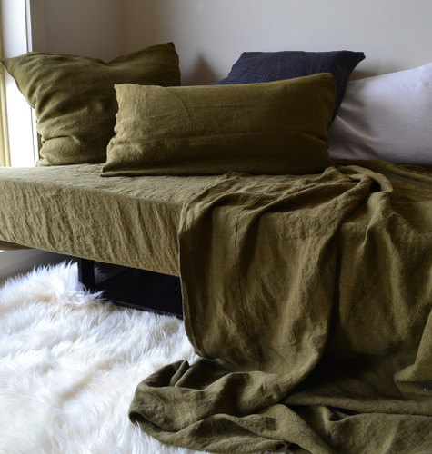 Olive green stonewashed linen fitted sheet